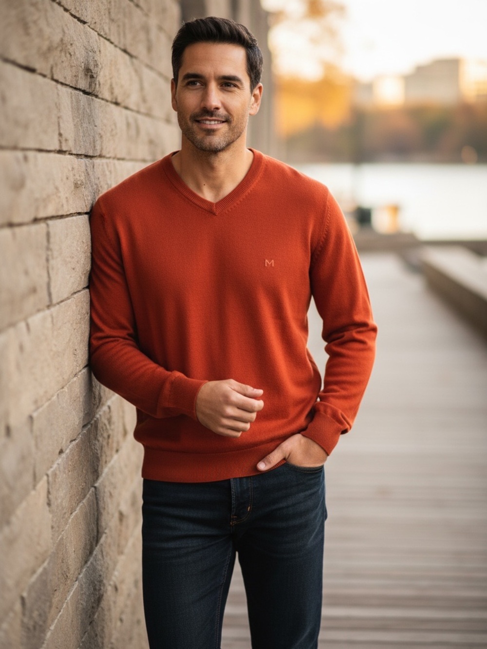 Men’s Michael Kors Knit Sweater Orange V-Neck Size S Pullover Long Sleeves
